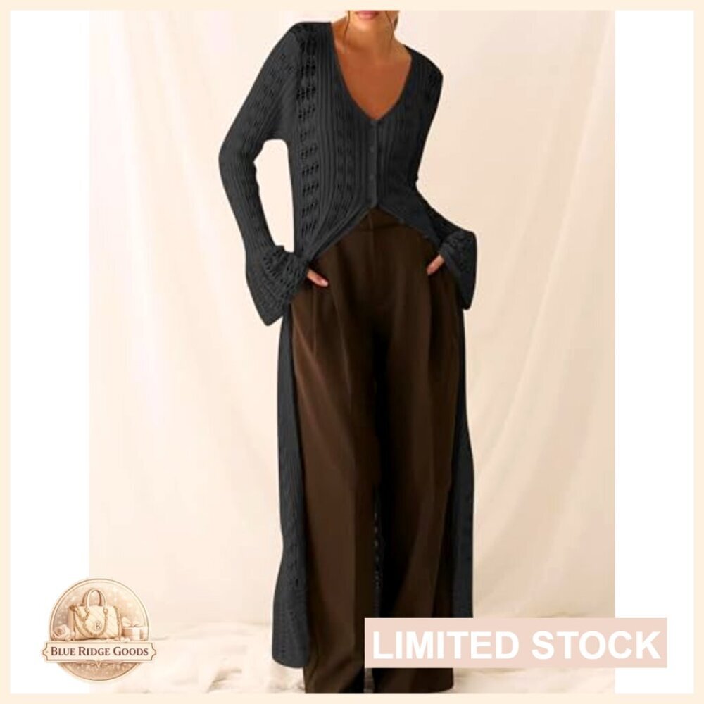 Crochet Maxi Duster Cardigan Lightweight Bell Sleeves Ruffle Hem Y2K - Picture 6 of 7